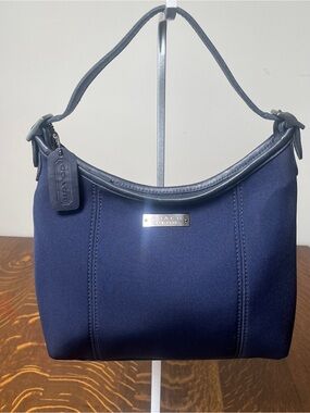 Coach Vintage Navy Blue Neoprene Shoulder Hobo with Leather Trim and Logo Plaque